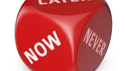 Dice with Now, Later and Never printed on the sides